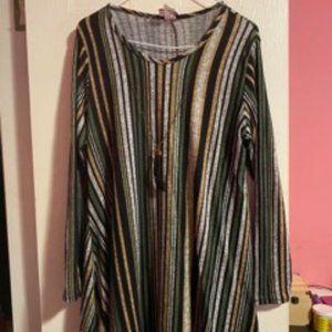 Striped Dress (Black Gold, Light Gray and Green) with attached necklace